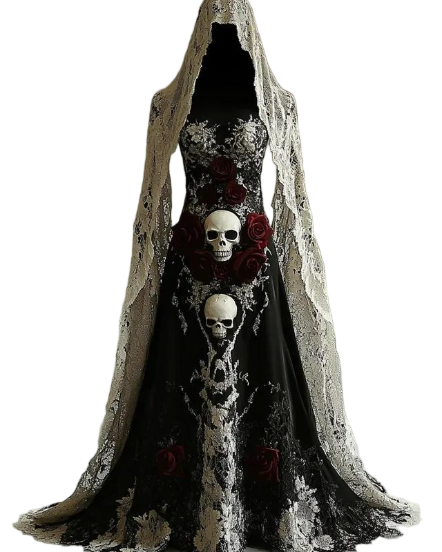 Halloween Contrasting Lace Skull Embroidered Evening Dress 