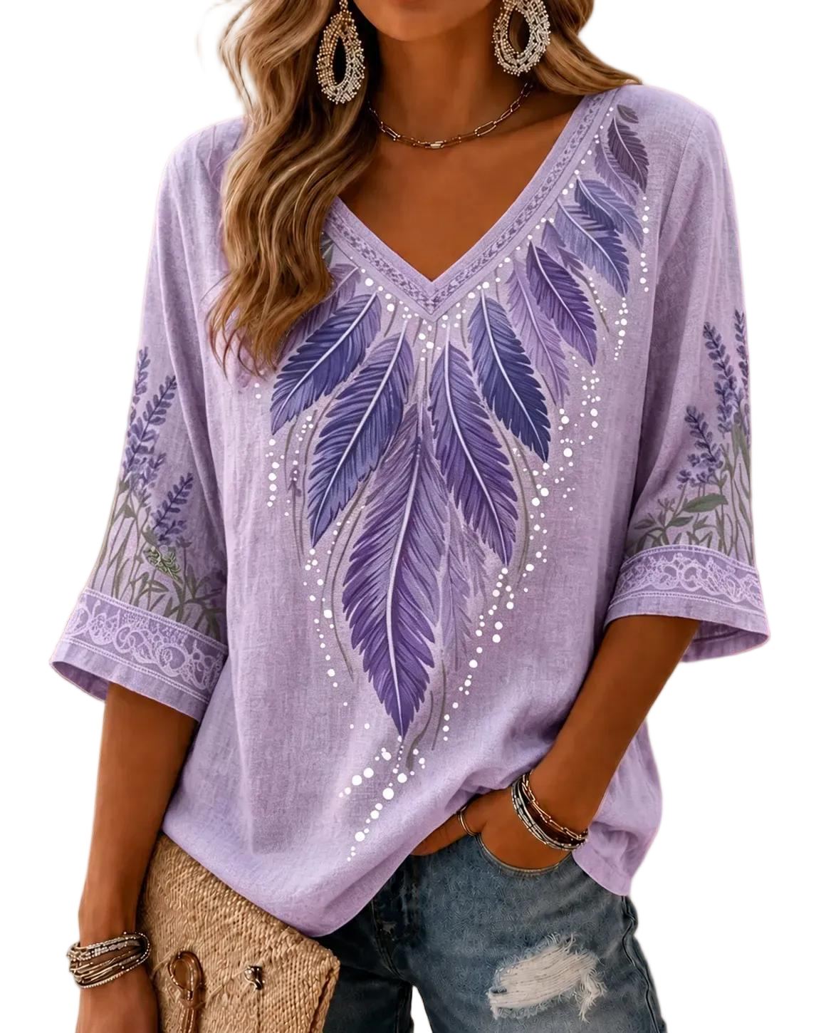 Women's Retro Feather Embroidered V Neck Casual T-shirt
