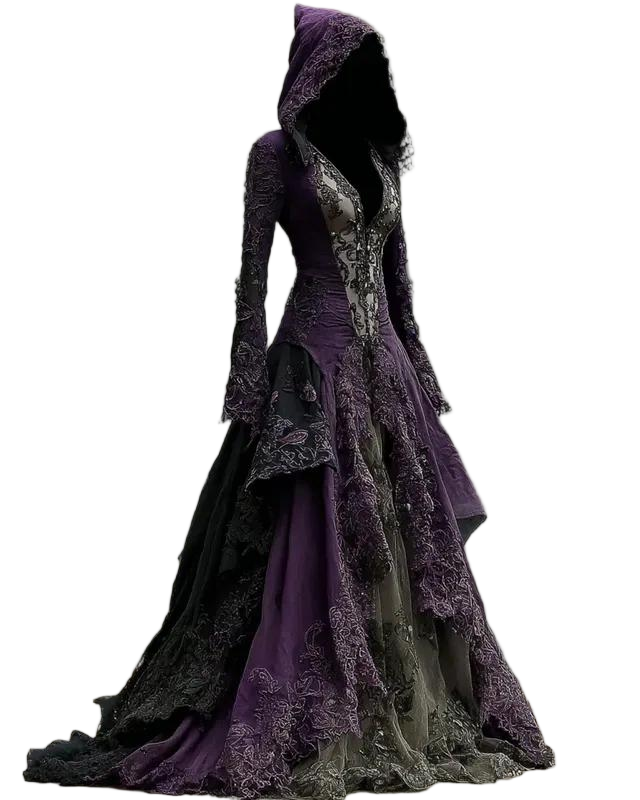 Halloween Irregular Embroidered Lace Patchwork Hooded Linen Evening Dress e535