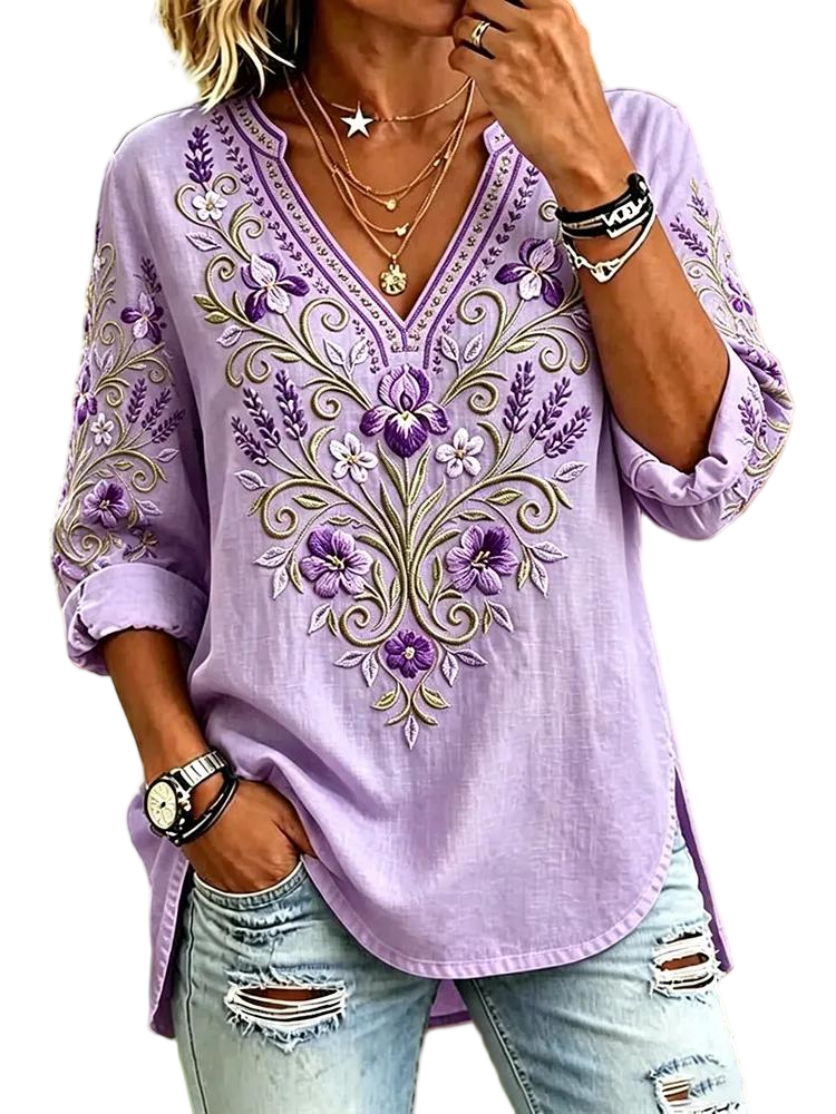 Women's Retro Purple Floral Art Cotton Linen V-neck T-shirt