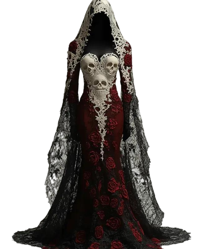 Halloween Contrasting Lace Rose And Skull Embroidered Evening Dress 