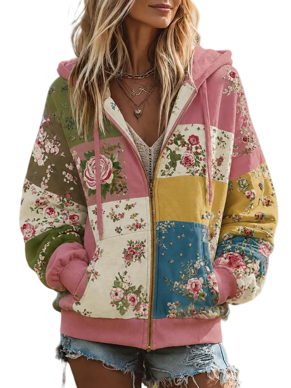 Women's Vintage Floral Patchwork Cozy Warm Zipper Hoodie