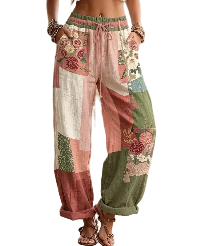 Love & Health Collection Retro Rose And Floral Patchwork Art Linen Pants
