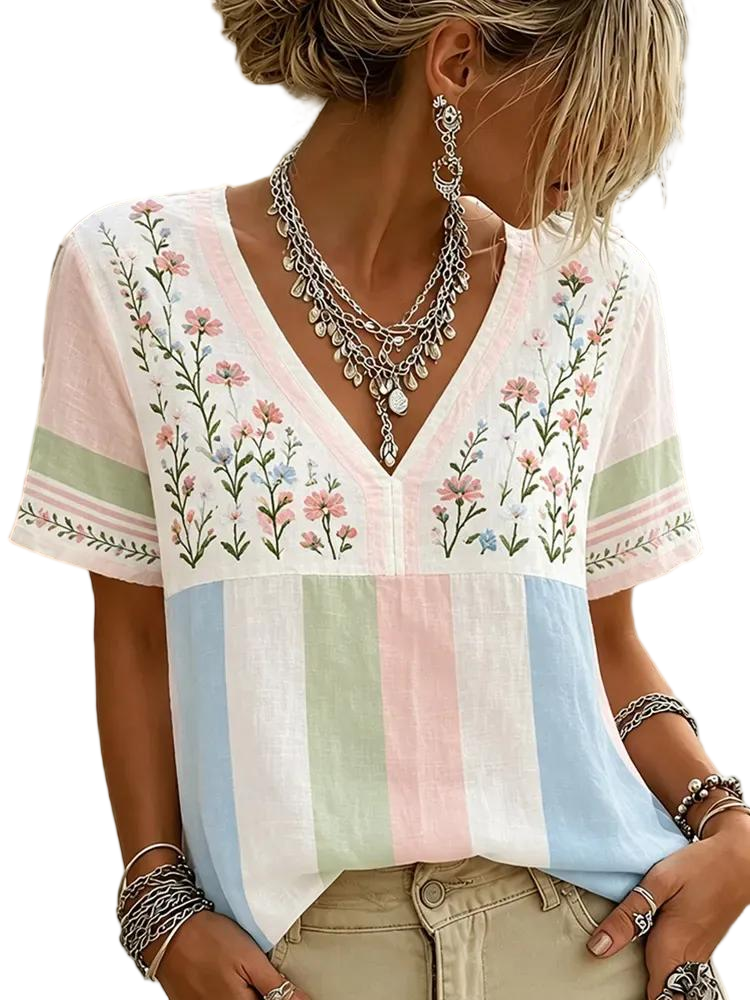 Women's Floral And Lace Art Embroidery Spliced Vintage Casual Short Sleeve Top