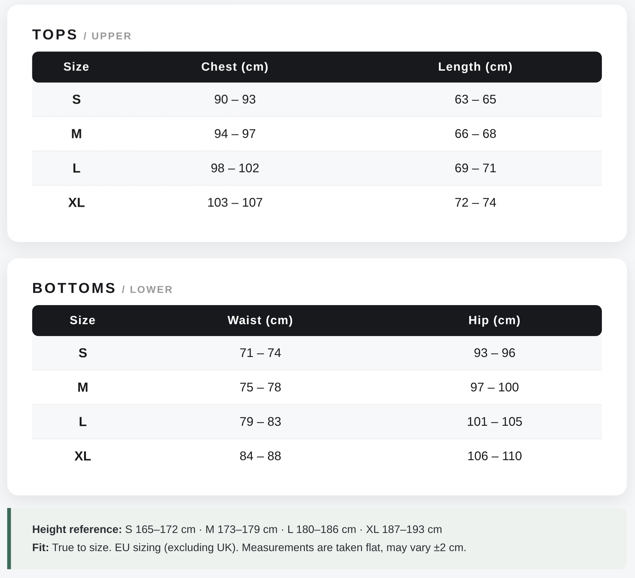 Size Chart S M L XL