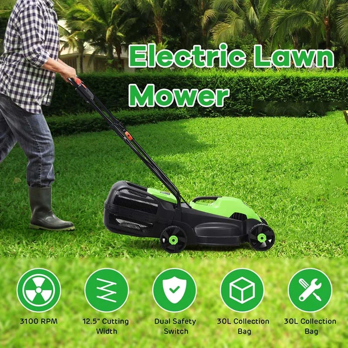 Eletriclife 12.5 Inch Corded Push Lawn Mower with 30L Grass Bag