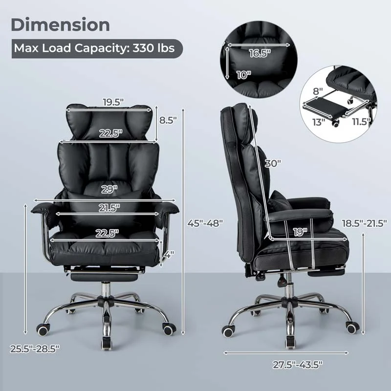 Eletriclife Adjustable Swivel Office Chair with Reclining Backrest and Retractable Footrest