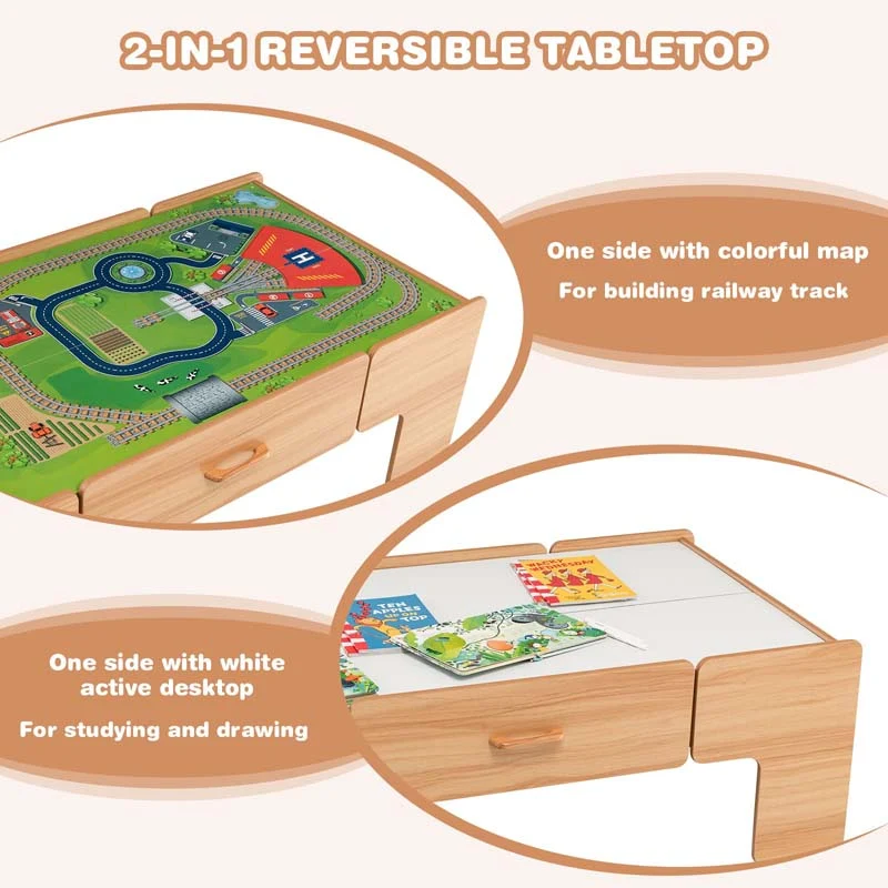 Eletriclife Wooden Toddler Train Table Set with Reversible Tabletop