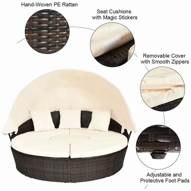Eletriclife Patio Round Daybed Rattan Furniture Sets with Canopy
