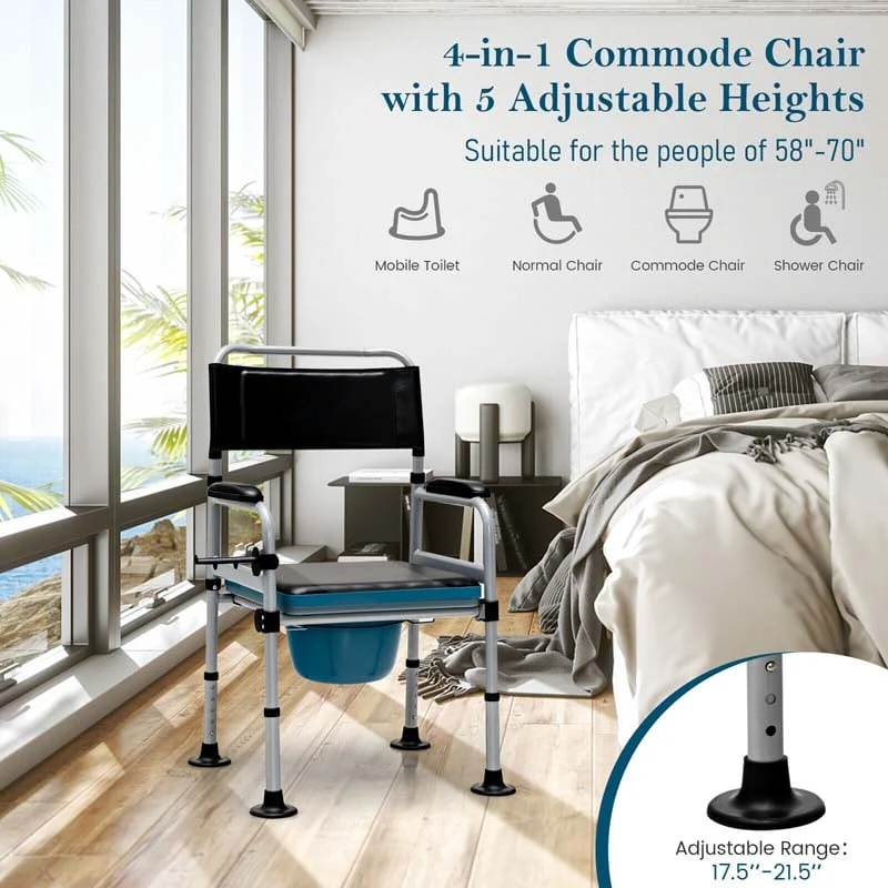 Eletriclife 4-in-1 Bedside Commode Folding Toilet Chair w/Detachable Bucket