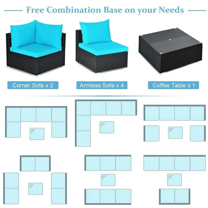 Eletriclife 7 Pieces Sectional Wicker Furniture Sofa Set with Tempered Glass Top
