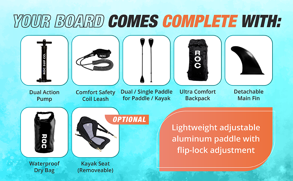 pump. safety leash. paddle. comfort backpack. detachable fin. waterproof dry bag. kayak seat