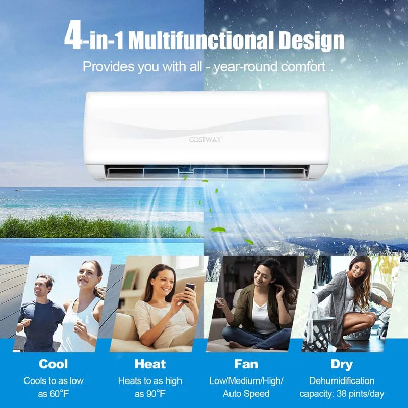 Eletriclife 9000 BTU Split Air Conditioner & Heater Wall Mount AC Unit with Remote Control
