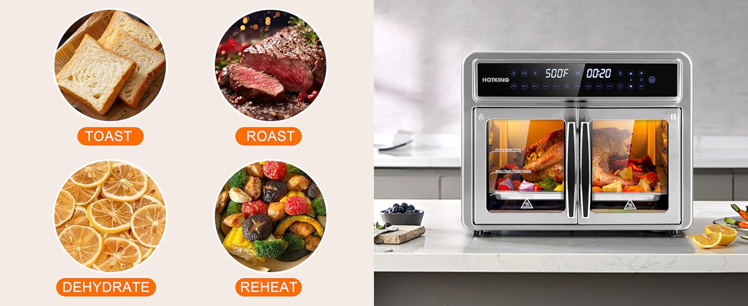 10-in-1 Versatility�?air fry. bake. broil. toast. roast. dehydrate. reheat. pizza. fries. rotisserie