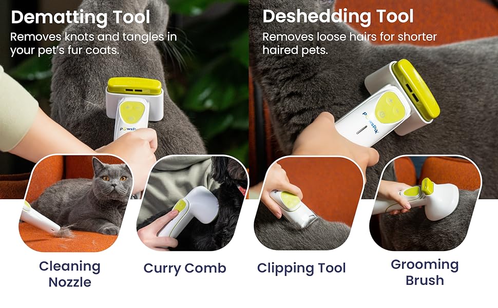 Pet kit has curry comb. deshedding tool. dematting tool. grooming brush. clippers. cleaning nozzle