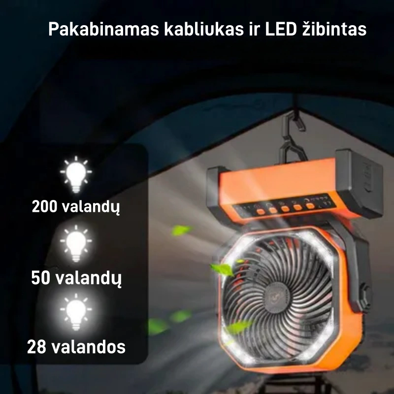Galingas „trys viename“ belaidis ir kelionėms patogus kempingo ventiliatorius 🏕