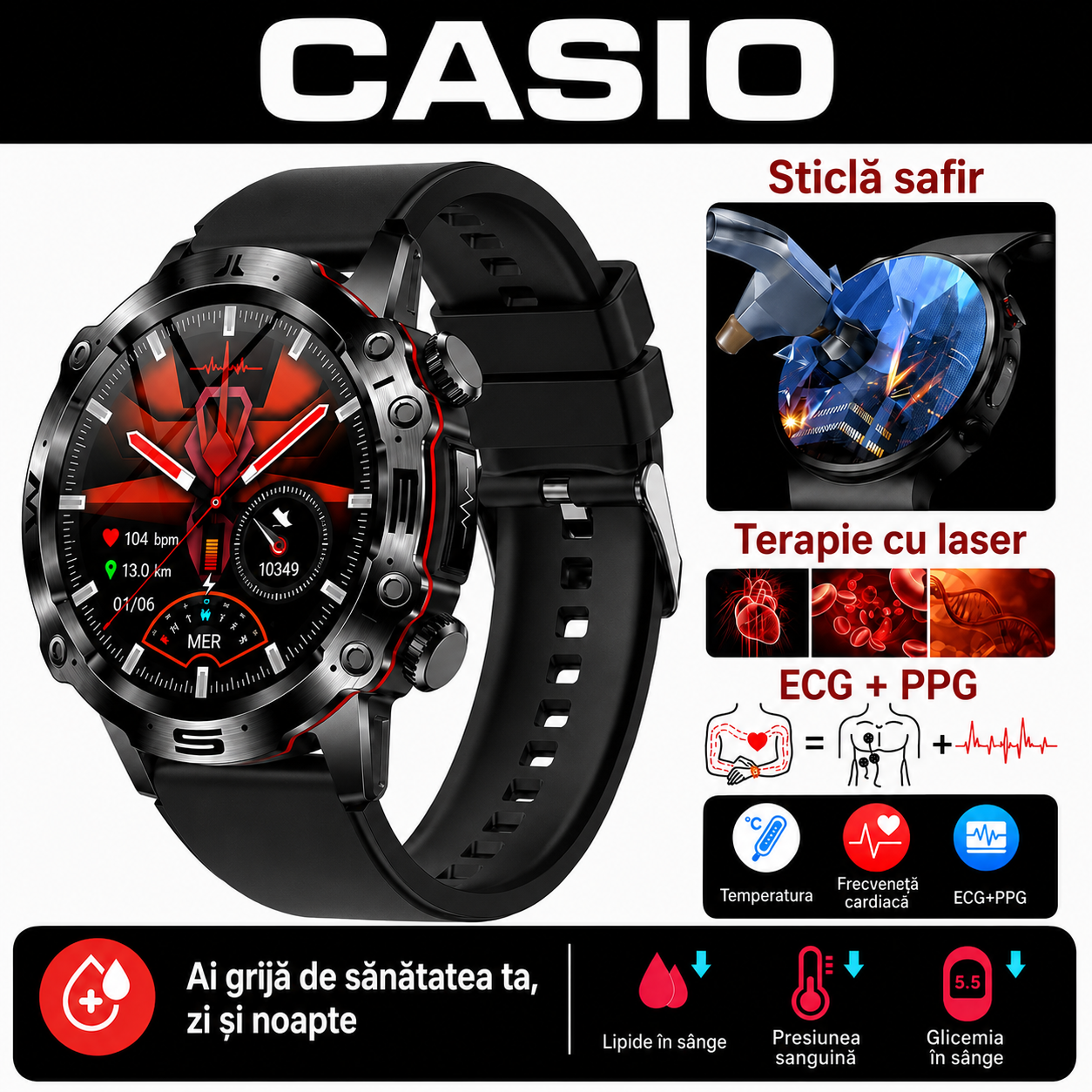 Ceas inteligent CASIO AMOLED – monitorizare glicemie, apeluri Bluetooth, peste 100 de moduri sportive