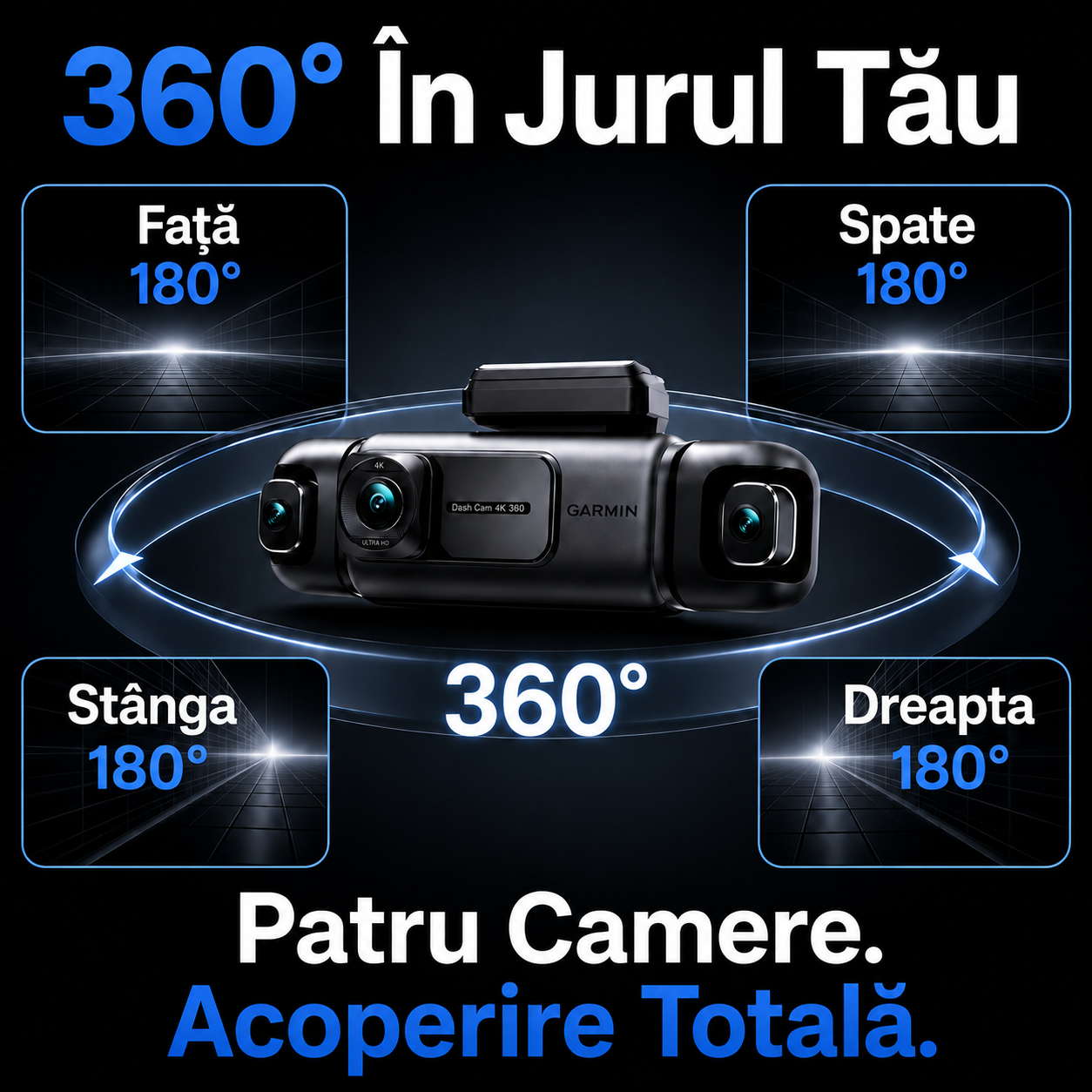 Cameră auto Garmin G980 cu control vocal și inteligență artificială, patru camere, vedere panoramică la 360°, vedere nocturnă 4K Ultra HD și urmărire GPS