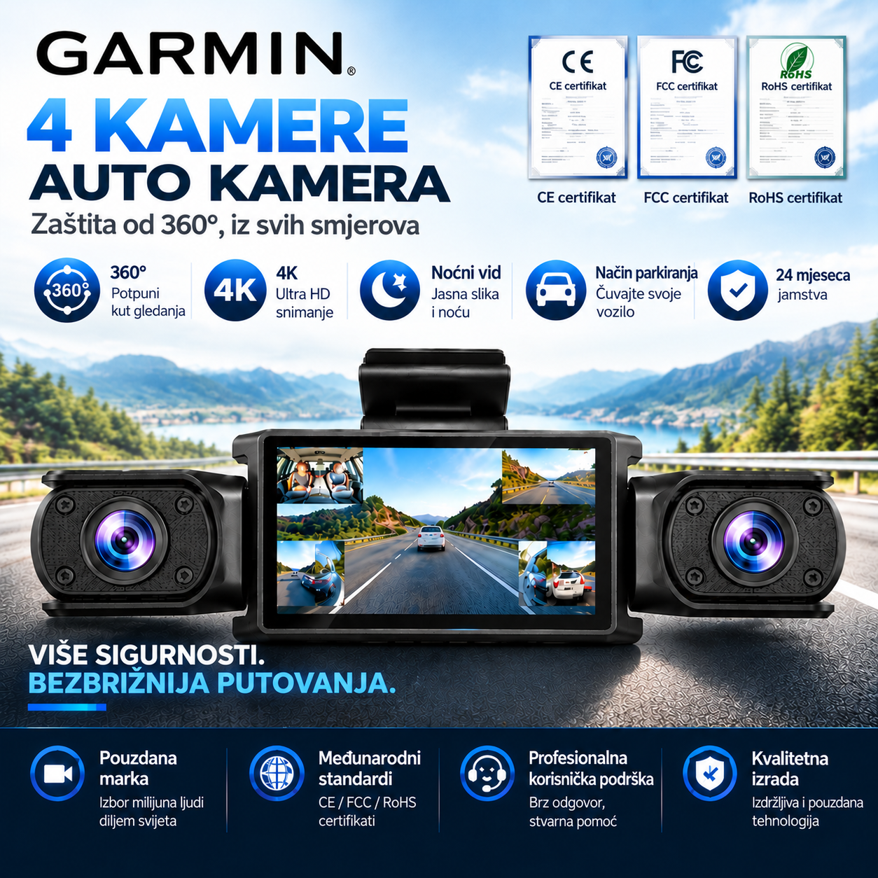 Cameră auto Garmin D6 pentru înregistrarea călătoriilor, cu 4 camere, unghi de vizualizare de 360°, înregistrare pe 4 canale, suport pentru carduri de memorie de până la 1 TB, vedere nocturnă și mod de parcare.