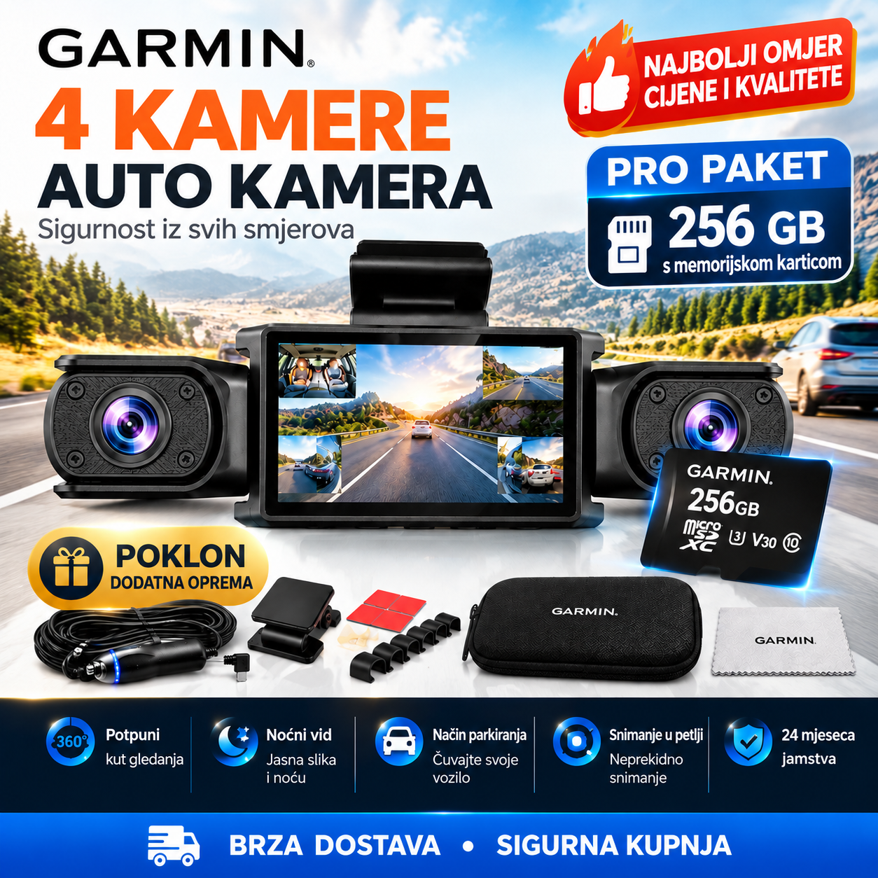 Cameră auto Garmin D6 pentru înregistrarea călătoriilor, cu 4 camere, unghi de vizualizare de 360°, înregistrare pe 4 canale, suport pentru carduri de memorie de până la 1 TB, vedere nocturnă și mod de parcare.