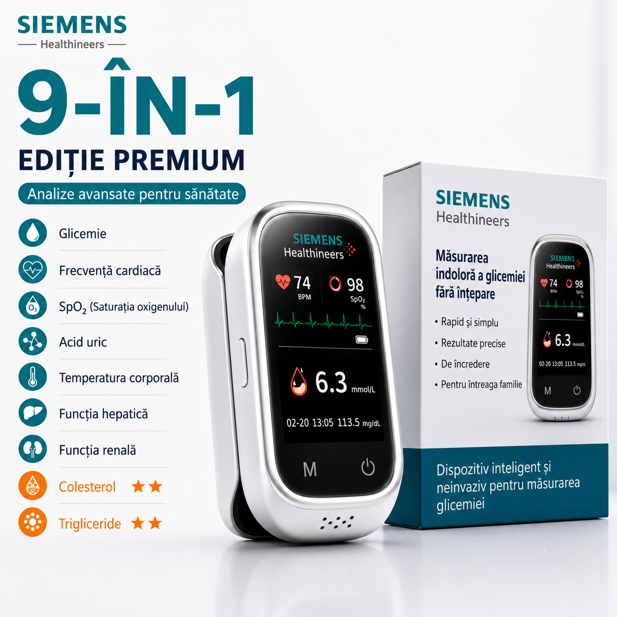 🩸Monitor de glucoză în sânge Siemens™ 11 în 1 fără ac • Nu necesită înțepare • Fără benzi de testare • Rezultate în doar 5 secunde