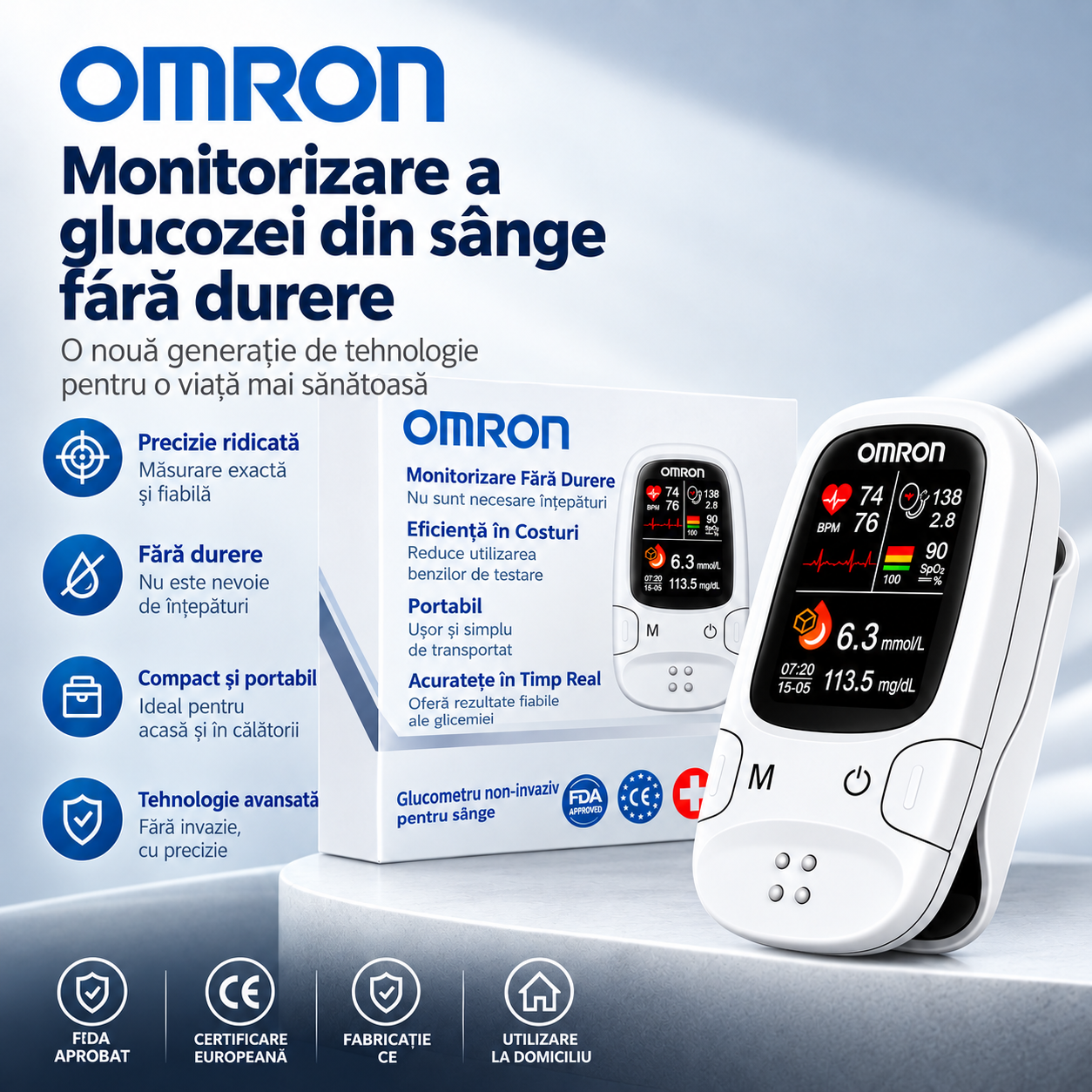 🔥 Omron™ lansează noul monitor de glucoză din sânge 11 în 1, non-invaziv • Nu necesită lancete • Nu necesită benzi de testare • Rezultate în doar 5 secunde