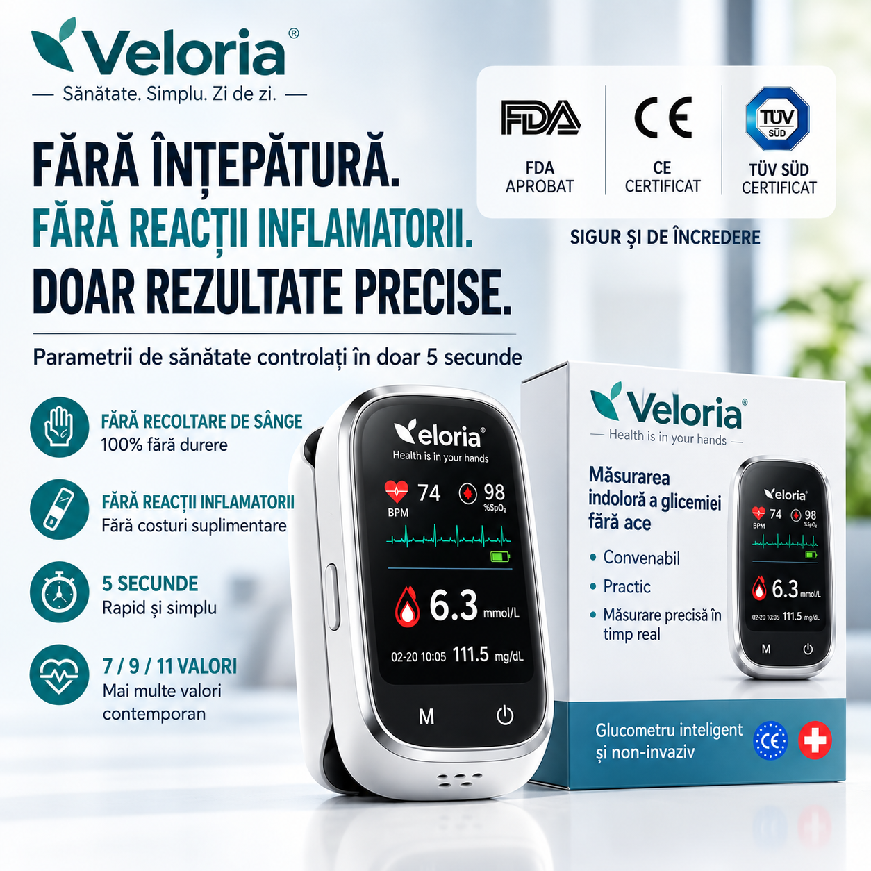 Veloria™ 🩸Monitor de glucoză în sânge 11 în 1 fără ac • Nu necesită înțepare • Fără benzi de testare • Rezultate în doar 5 secunde xty2