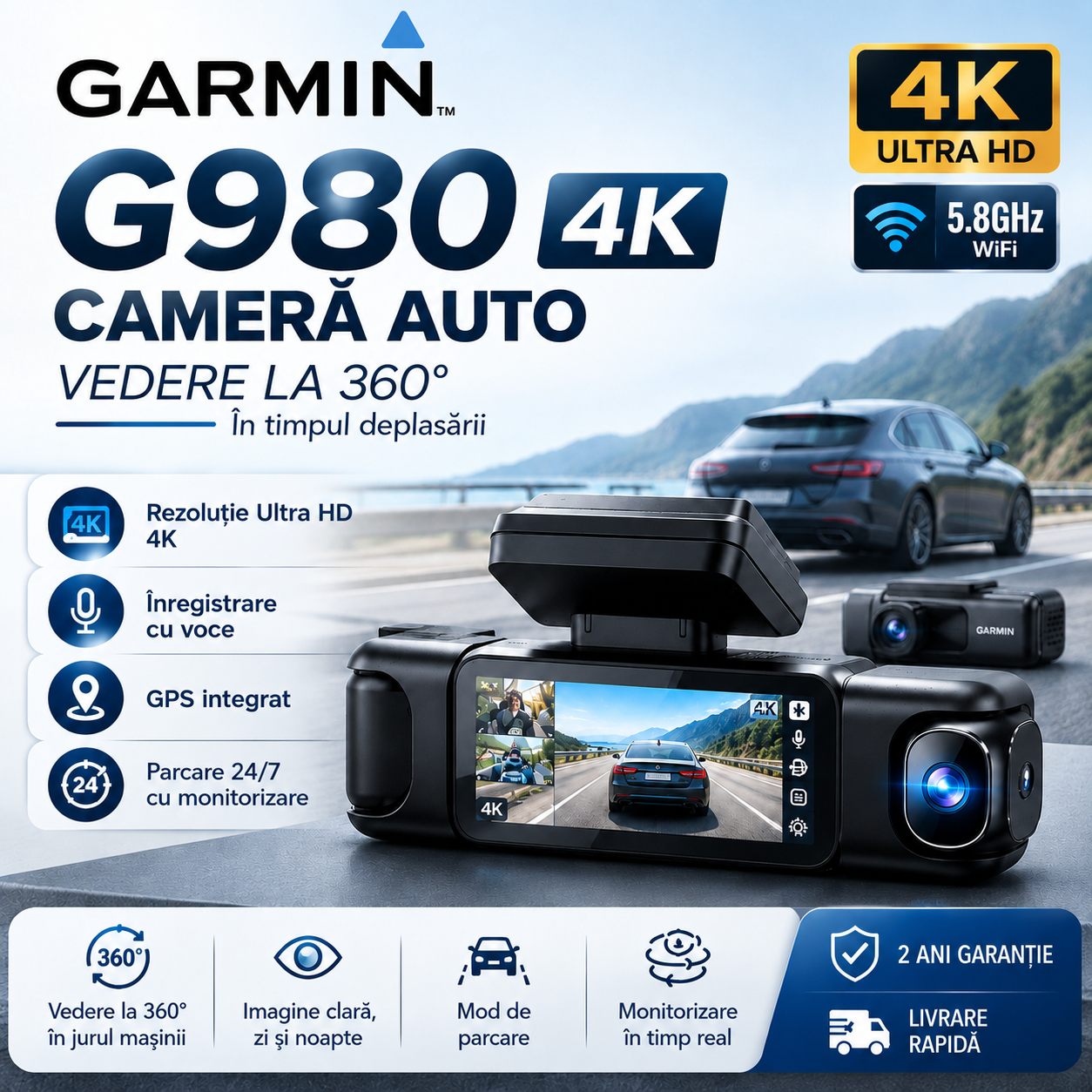 Cameră auto Garmin G980 cu control vocal și inteligență artificială, patru camere, vedere panoramică la 360°, vedere nocturnă 4K Ultra HD și urmărire GPS