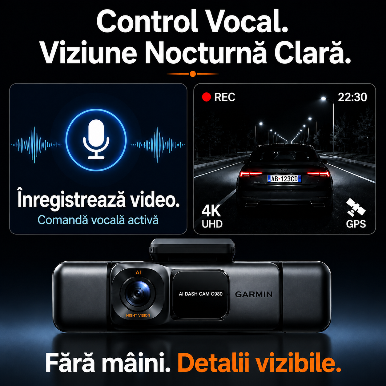Cameră auto Garmin G980 cu control vocal și inteligență artificială, patru camere, vedere panoramică la 360°, vedere nocturnă 4K Ultra HD și urmărire GPS