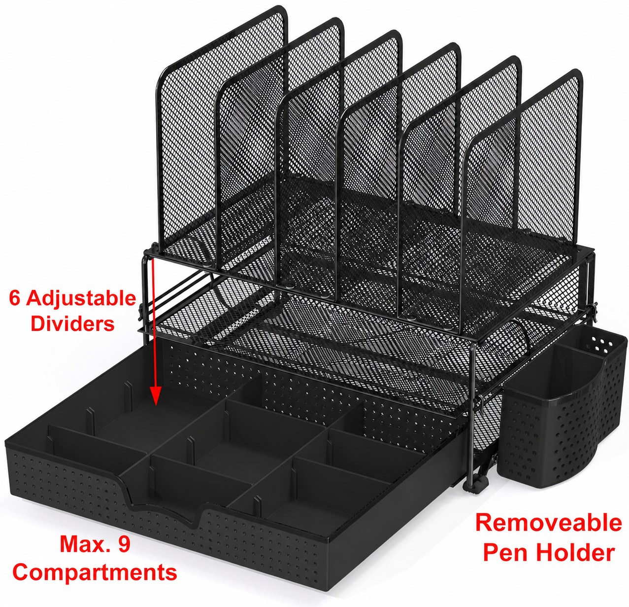 Sliding drawer organizer with adjustable dividers and removable pen holder