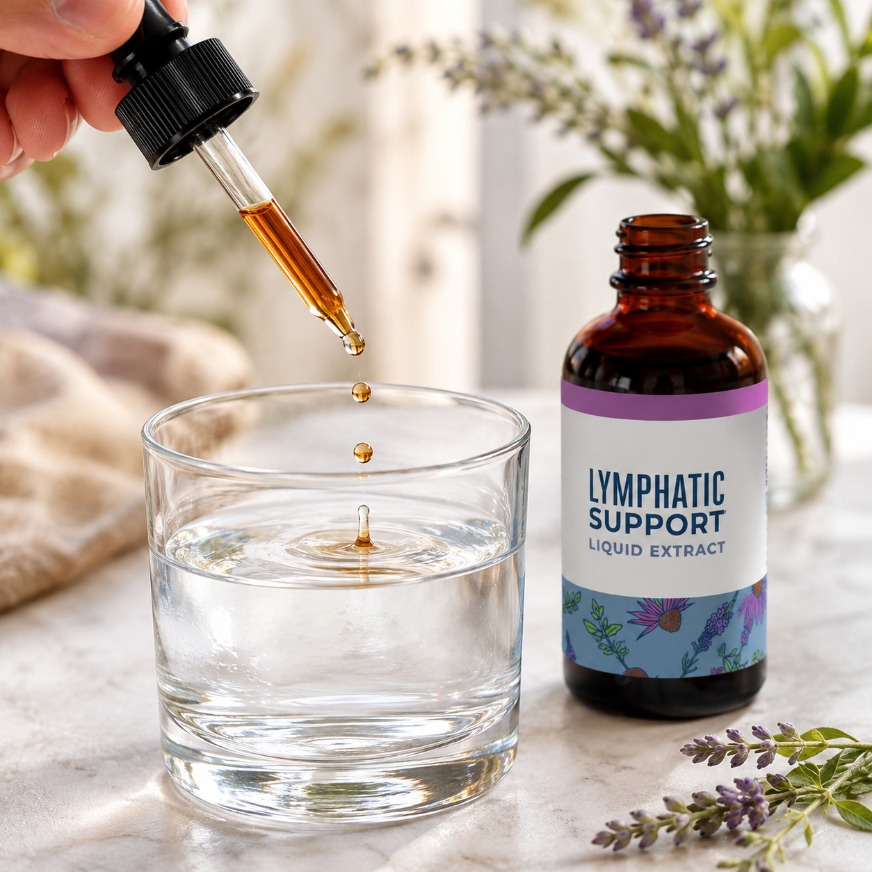 dropper adding herbal liquid drops into a glass of water