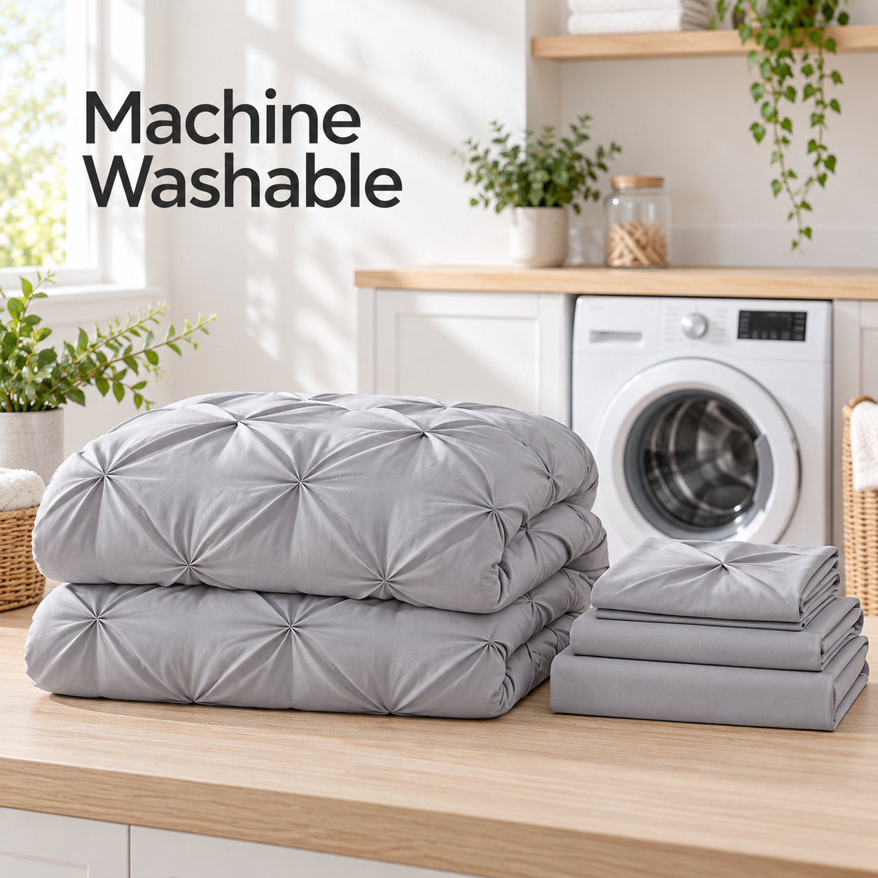 folded pintuck comforter and sheets beside a washing machine