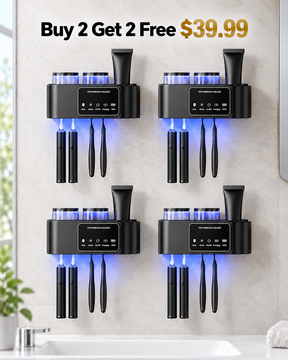 Buy 2 Get 2 Free four black wall mounted toothbrush holders 39.99 USD
