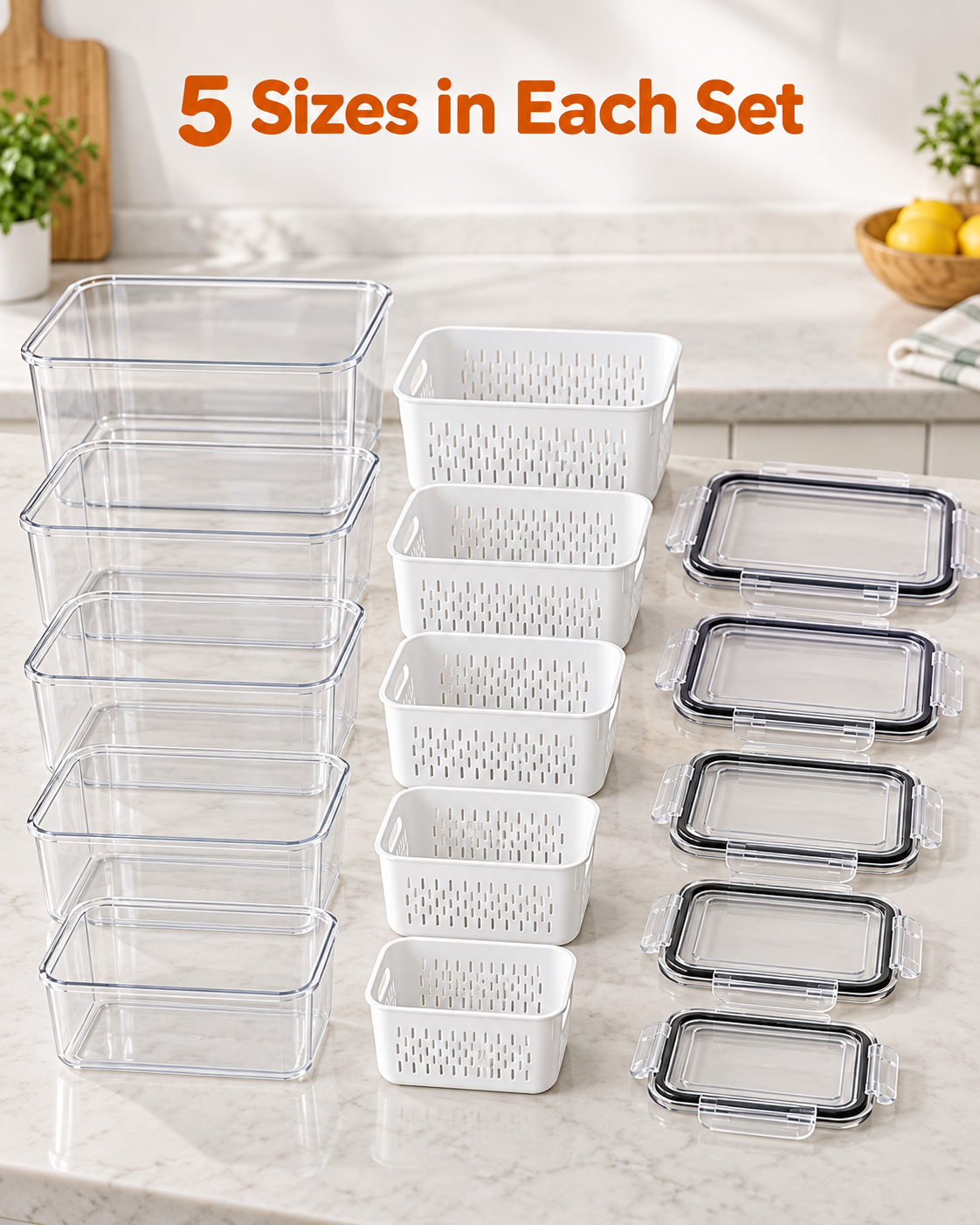 five fridge organizer sizes shown as separate clear bases white drain baskets and clear lids
