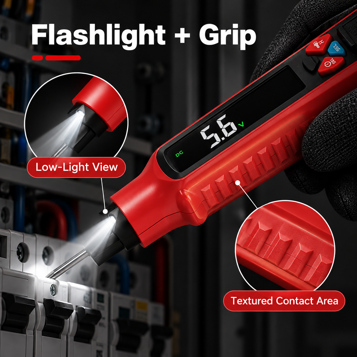 built-in flashlight and textured grip detail