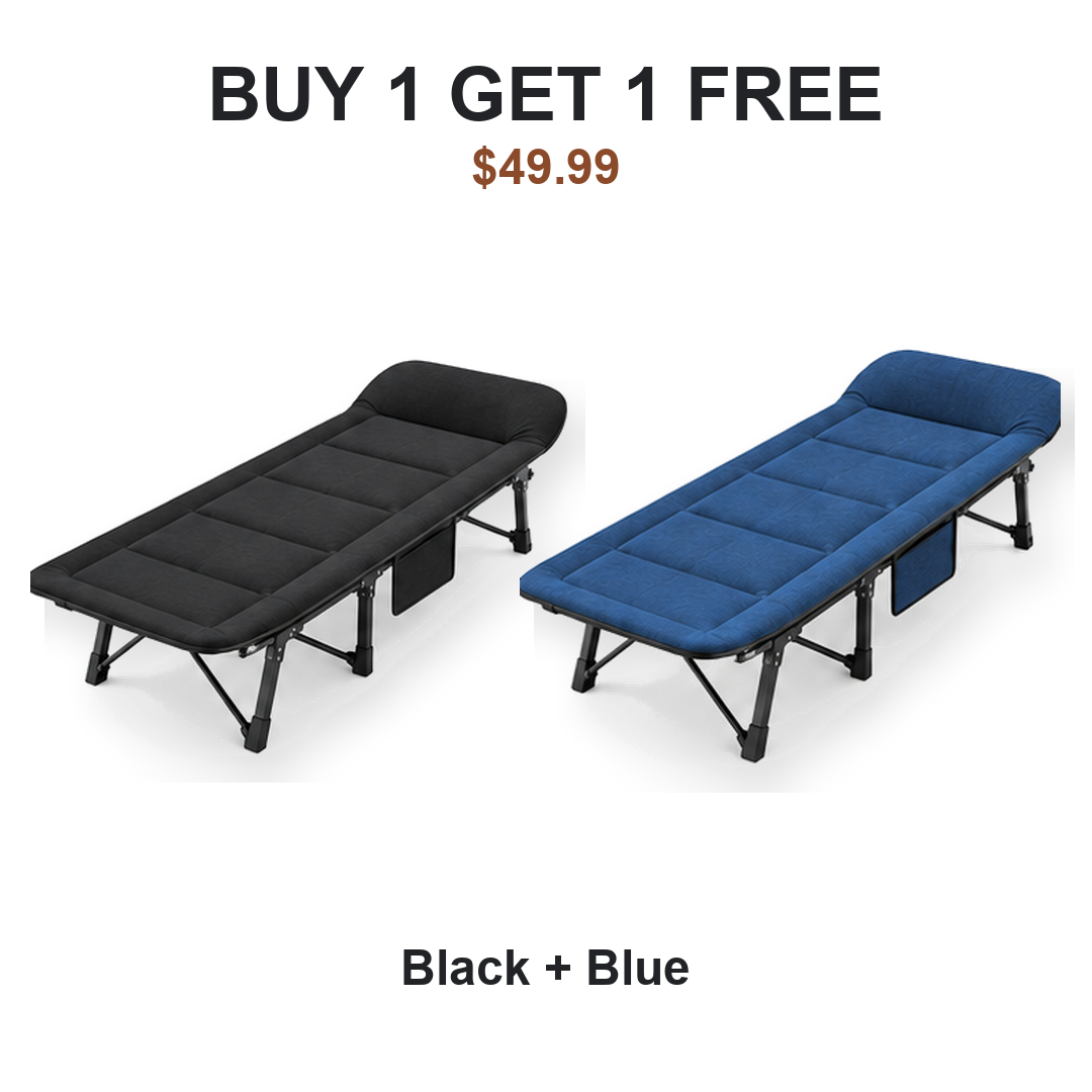 Buy one get one free camping cot pair: Cot #1 Black, Cot #2 Blue