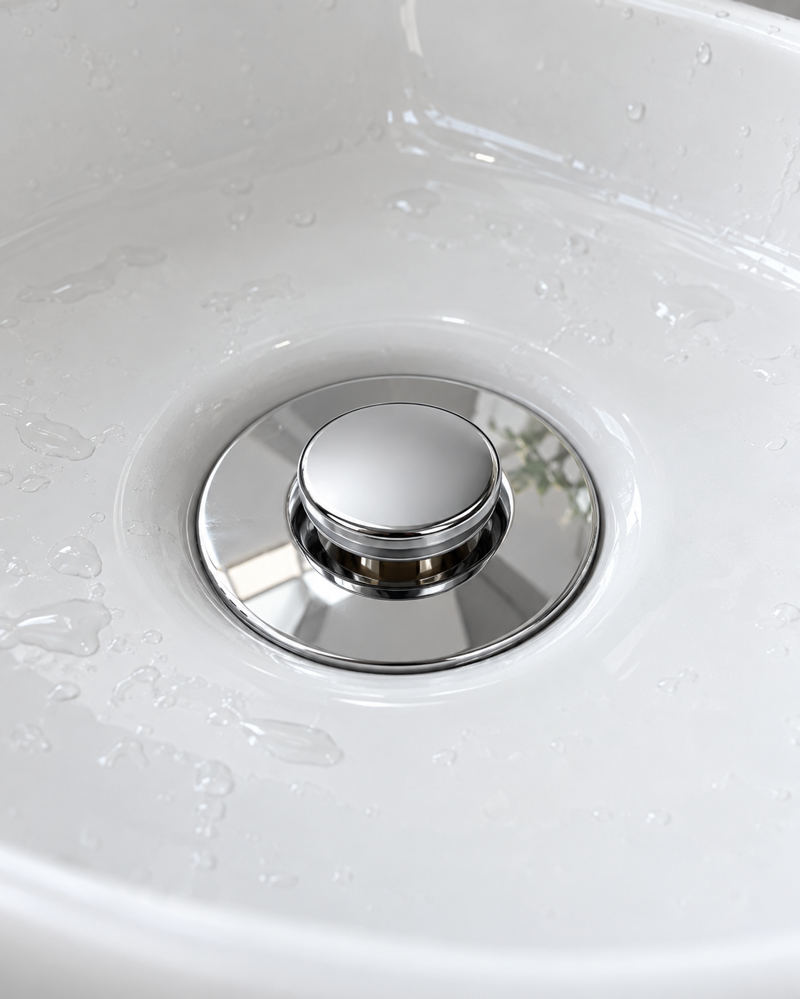 stainless steel pop up sink stopper installed in bathroom drain