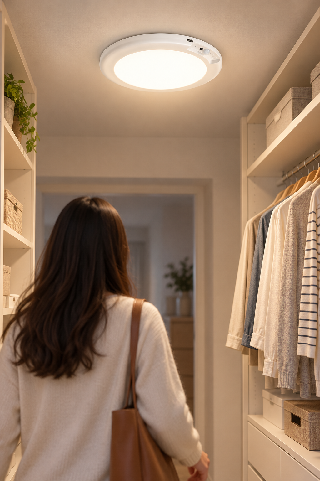 round rechargeable motion sensor ceiling light mounted in a closet
