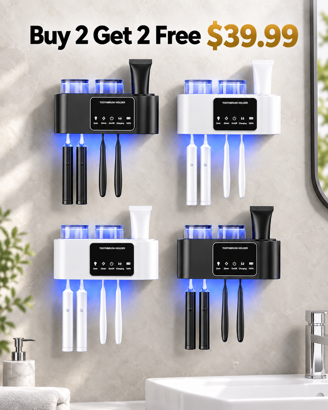 Buy 2 Get 2 Free two black two white wall mounted toothbrush holders 39.99 USD