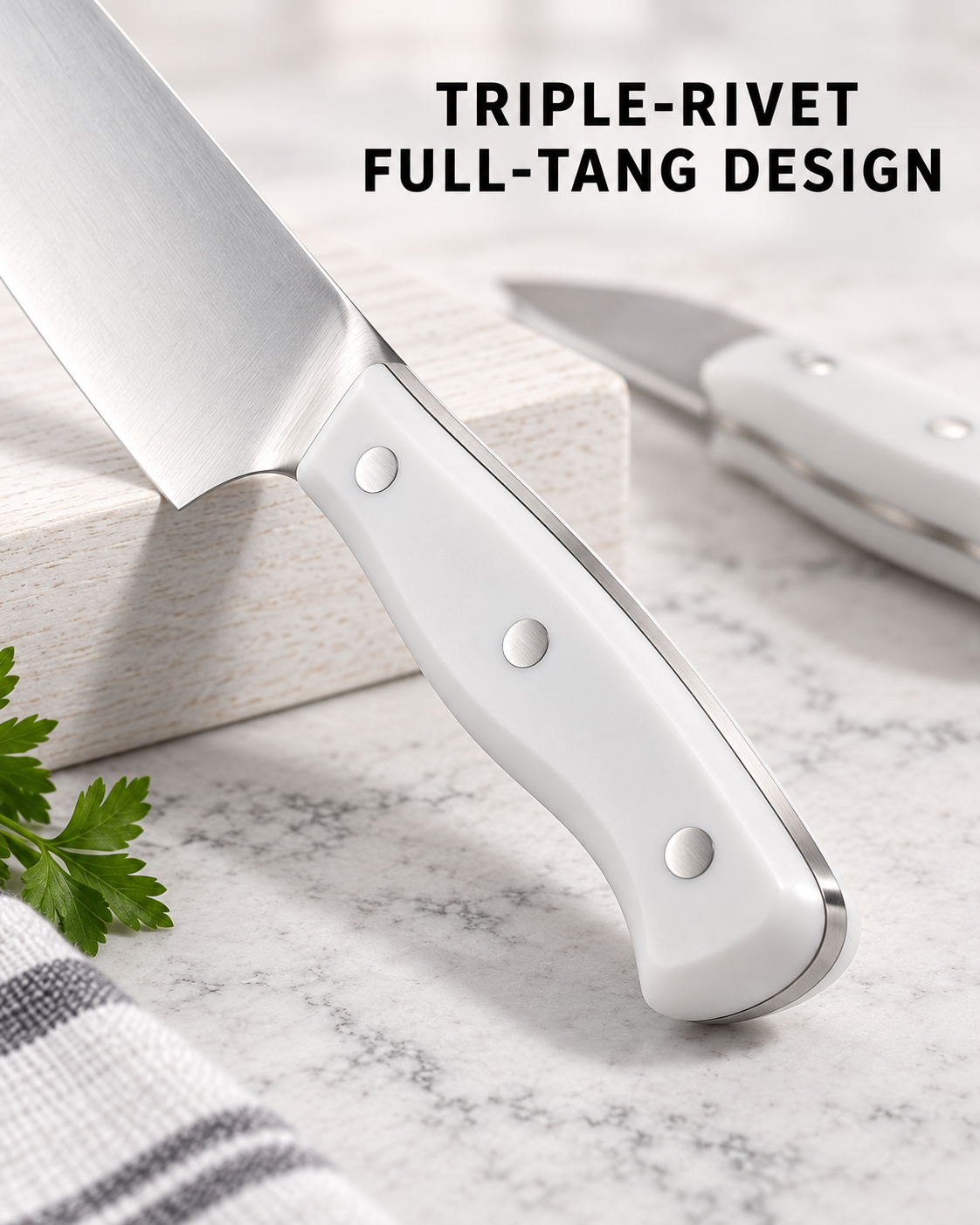 close view of white triple rivet knife handle and full tang metal line