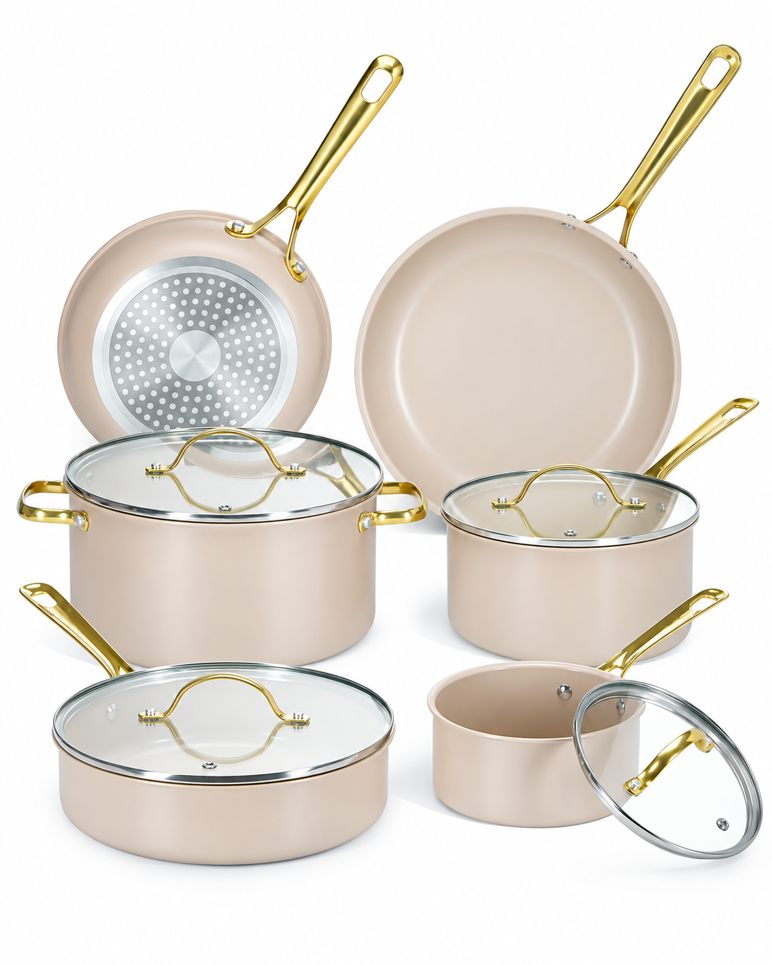 dove ceramic nonstick cookware set with gold handles and glass lids