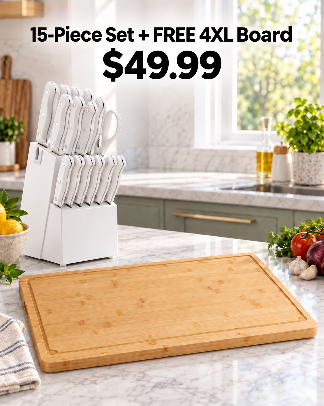 white 15 piece knife block set with free 4XL bamboo cutting board for 49.99 USD