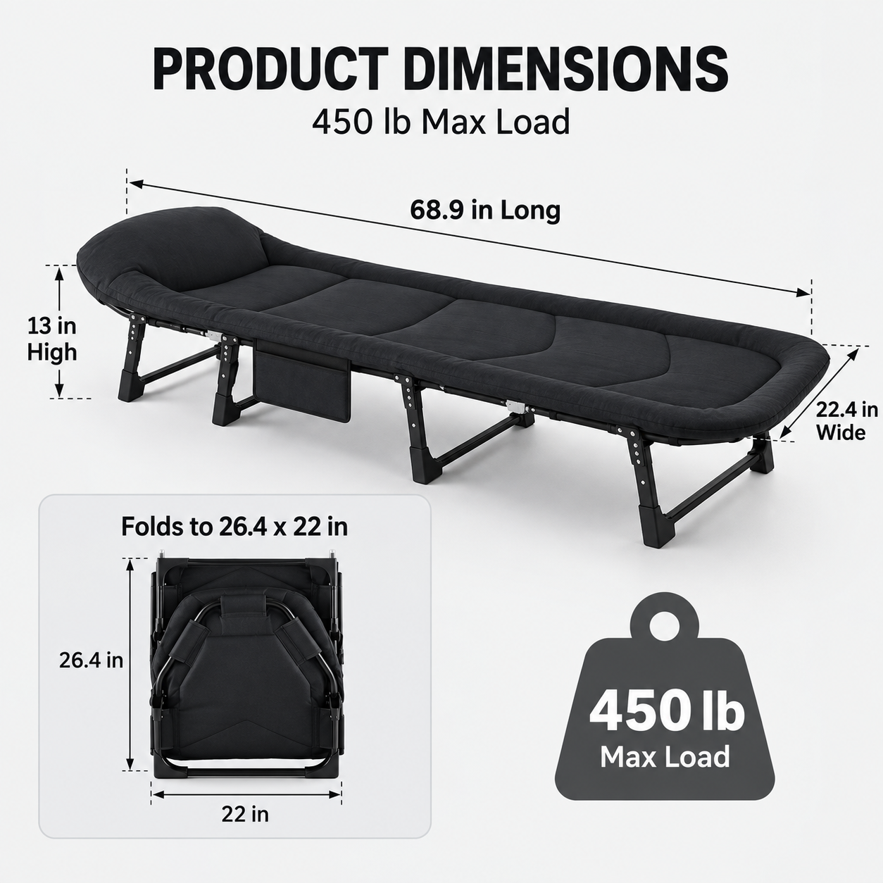 adjustable camping cot dimensions folded size and 450 pound max load