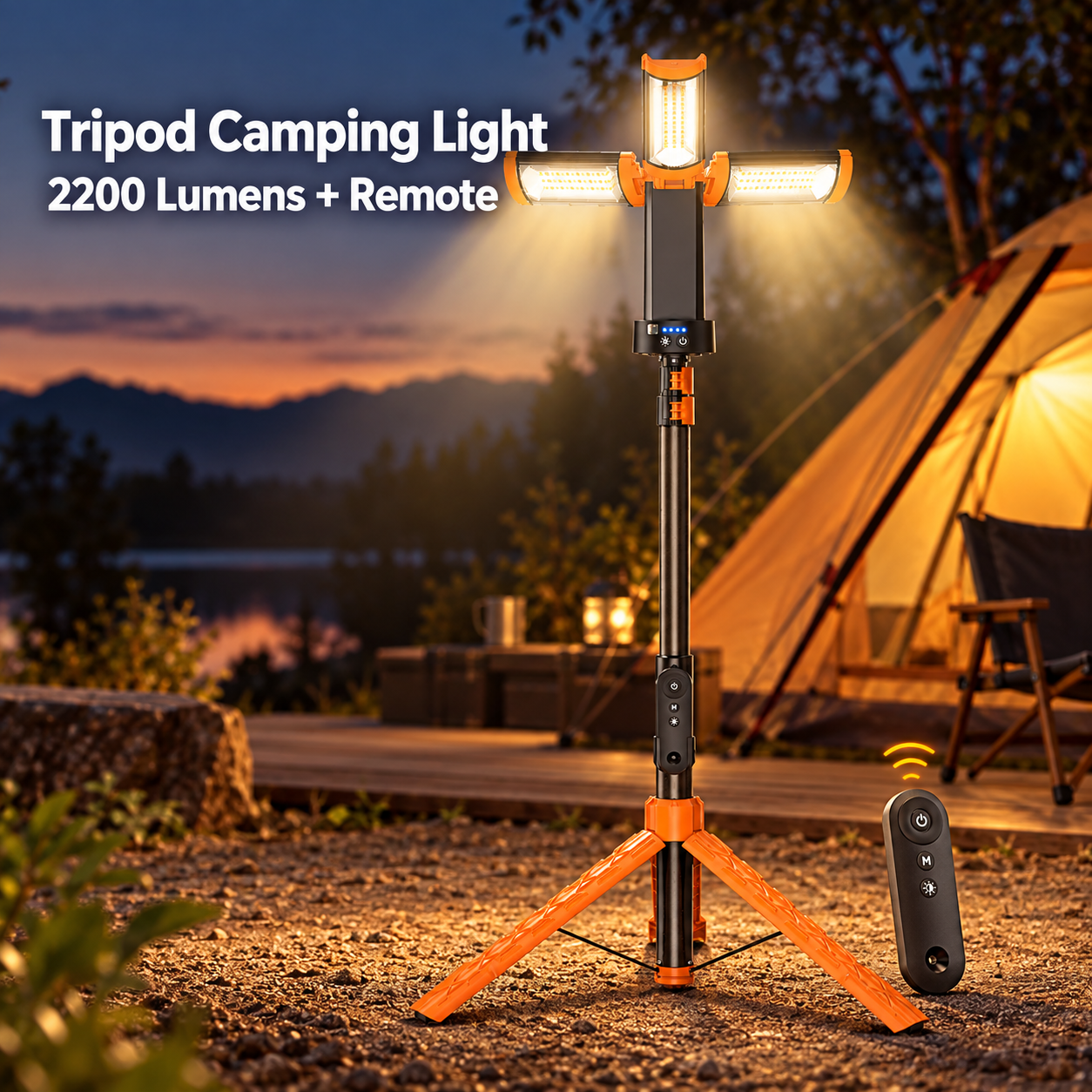 rechargeable tripod camping lantern with remote in Black and Orange options