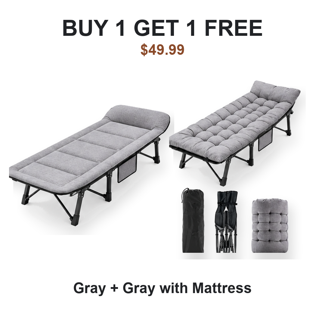 Buy one get one free camping cot pair: Cot #1 Gray, Cot #2 Gray with Mattress
