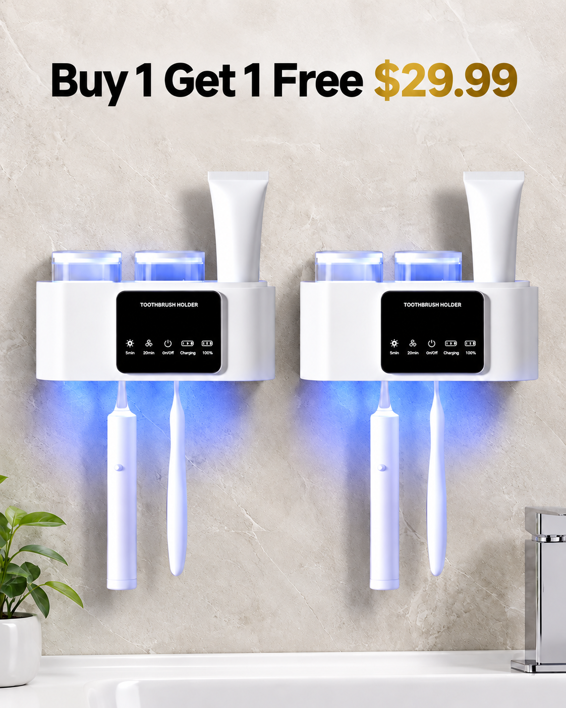 Buy 1 Get 1 Free white wall mounted toothbrush holders 29.99 USD