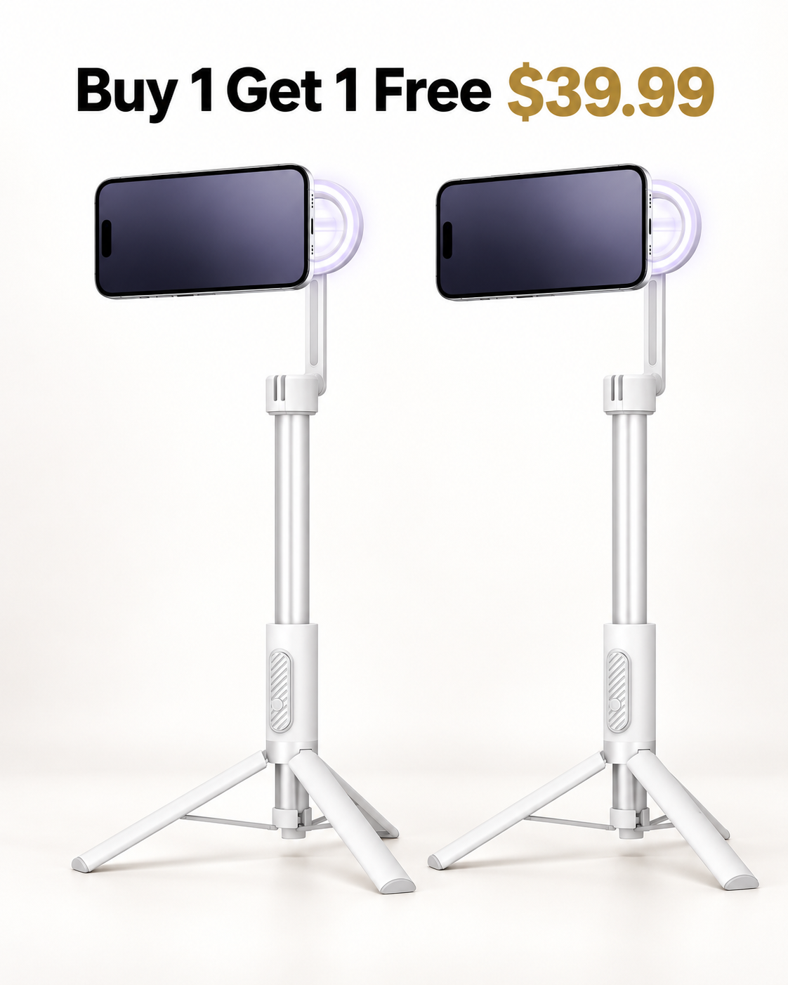 Buy 1 Get 1 Free two white magnetic phone tripods with HaloGlow lights 39.99 USD