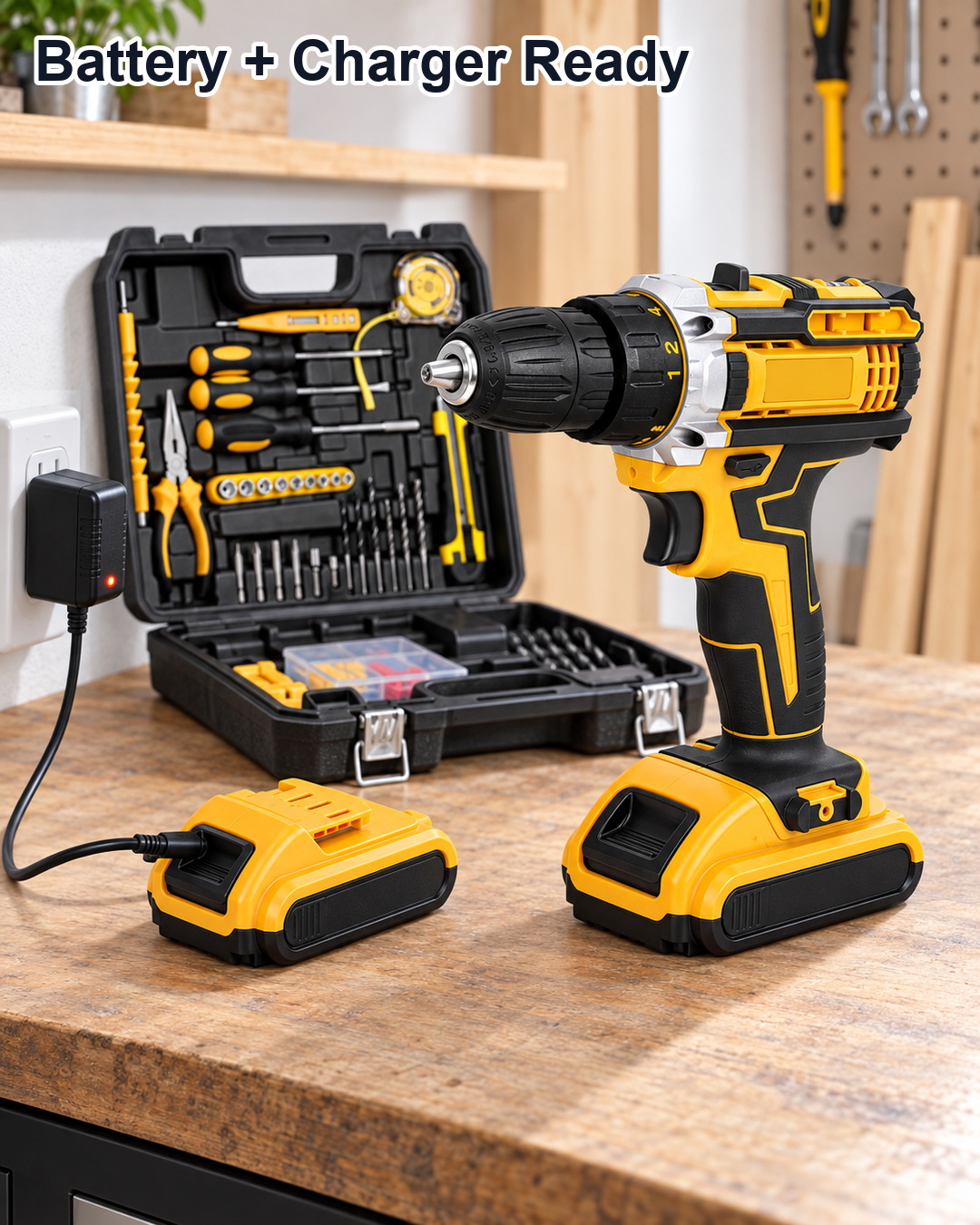 21V cordless drill battery charging workflow with one battery on drill one charging battery charger cable and toolbox