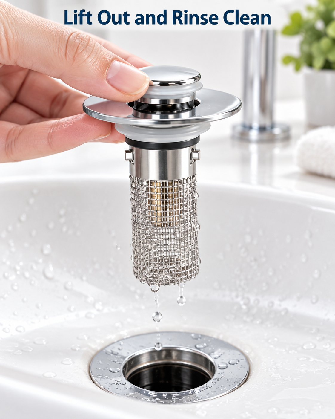 lift out stainless sink stopper mesh basket and rinse clean