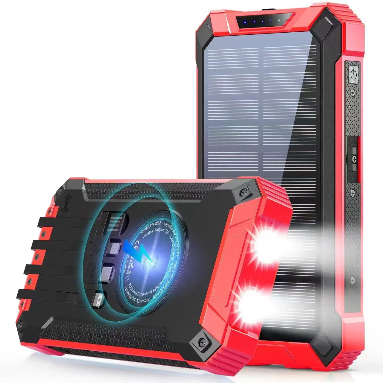 red W22 rugged solar power bank with solar panel and dual LED flashlight